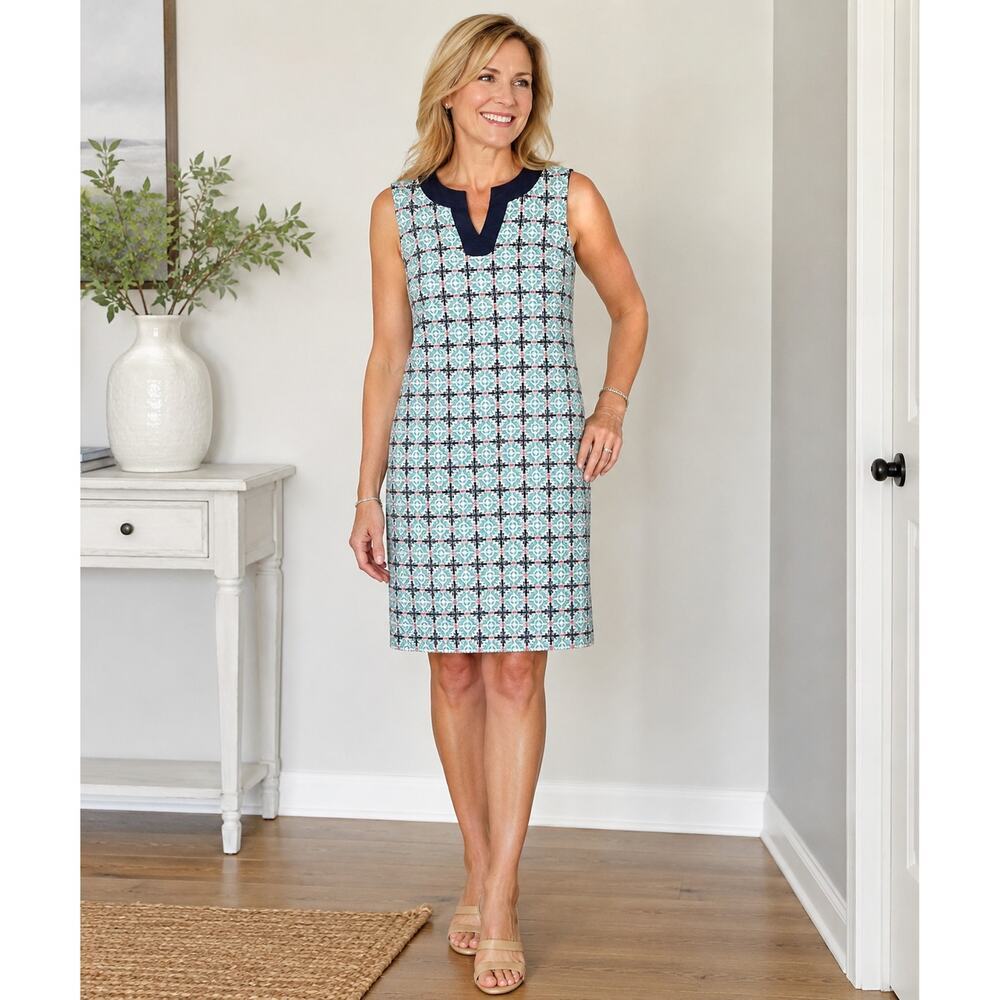 Talbots Linen Blend Shift Dress Coastal Tile Print Sleeveless,sz 6 Petite
